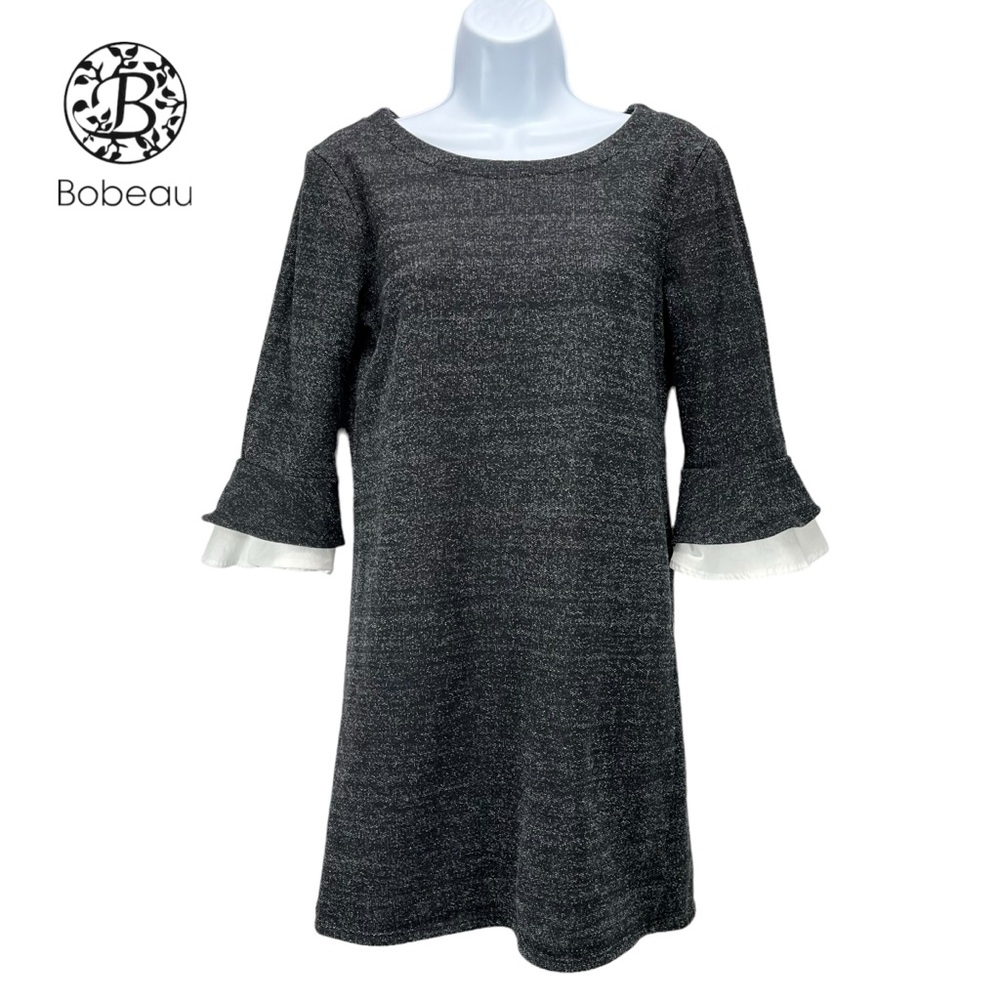 Bobeau Womens Petite Medium‎ Black & White Crew Knit 3/4 Bell Sleeve Shift Dress
